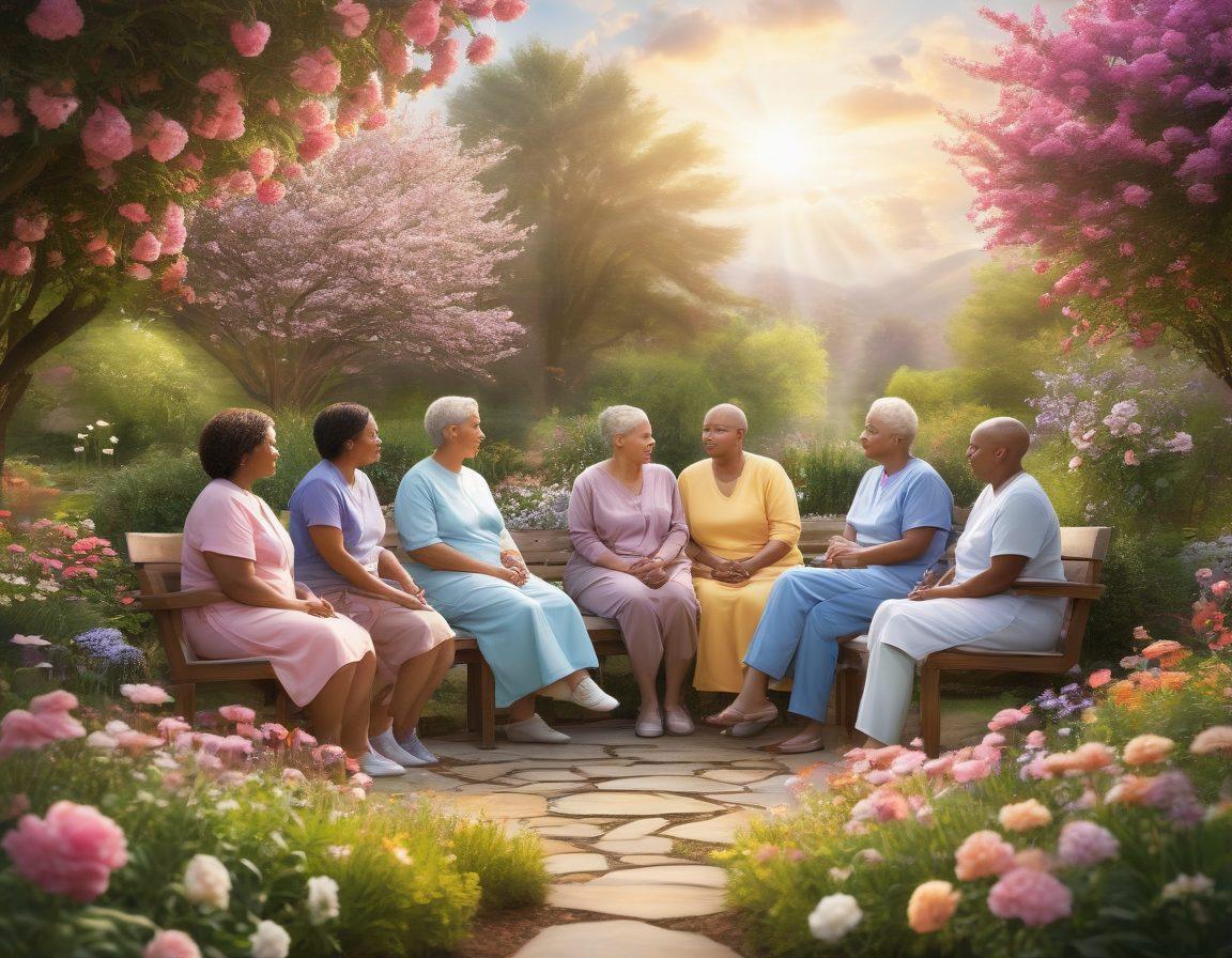 A serene and uplifting illustration of a diverse group of cancer survivors sharing their stories, surrounded by symbols of hope such as blooming flowers and sunlight breaking through clouds. Include experts in oncology engaging in conversation, with a backdrop of a peaceful garden reflecting a journey of healing and support. Emphasize warmth and community. super-realistic. vibrant colors. soft focus.