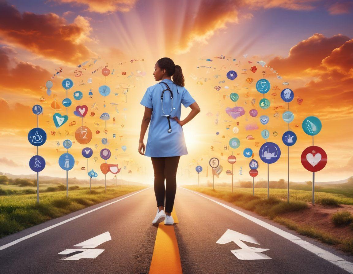 A resilient person standing at a crossroads, symbolizing hope and determination, surrounded by icons representing various treatment options such as a stethoscope, medication, and supportive community hands. The background features a sunrise, symbolizing a new beginning and the journey ahead. Emphasize warmth and positivity, with vibrant colors to inspire and uplift. super-realistic. vibrant colors. sunrise backdrop.