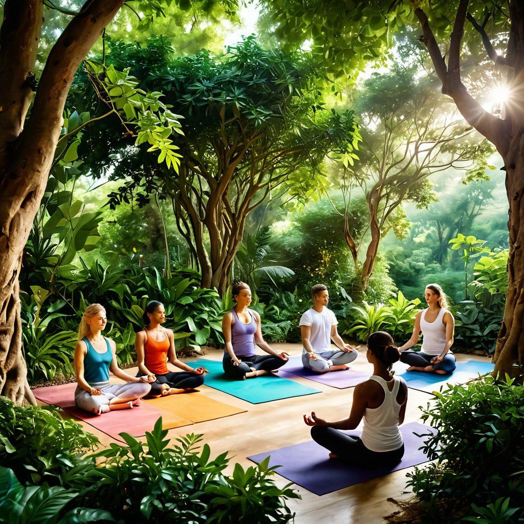 A serene scene depicting a diverse group of people engaging in holistic health practices, such as yoga and meditation, surrounded by lush greenery. Include symbols of wellness like herbal remedies and nourishing foods, emphasizing a supportive atmosphere. Soft light filters through the trees, creating a sense of peace and hope. vibrant colors. super-realistic.